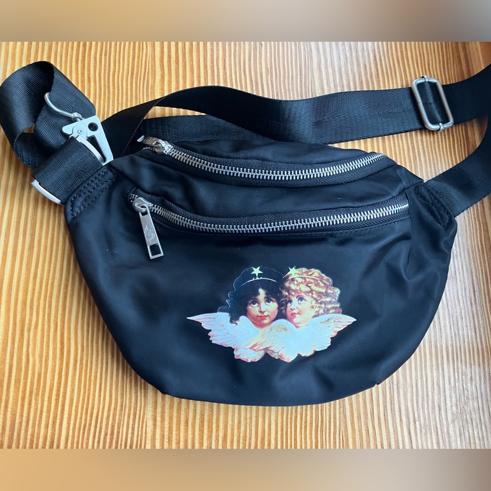 SALE fiorucci angels black silver zip logo hip pack waist bag nylon purse fanny